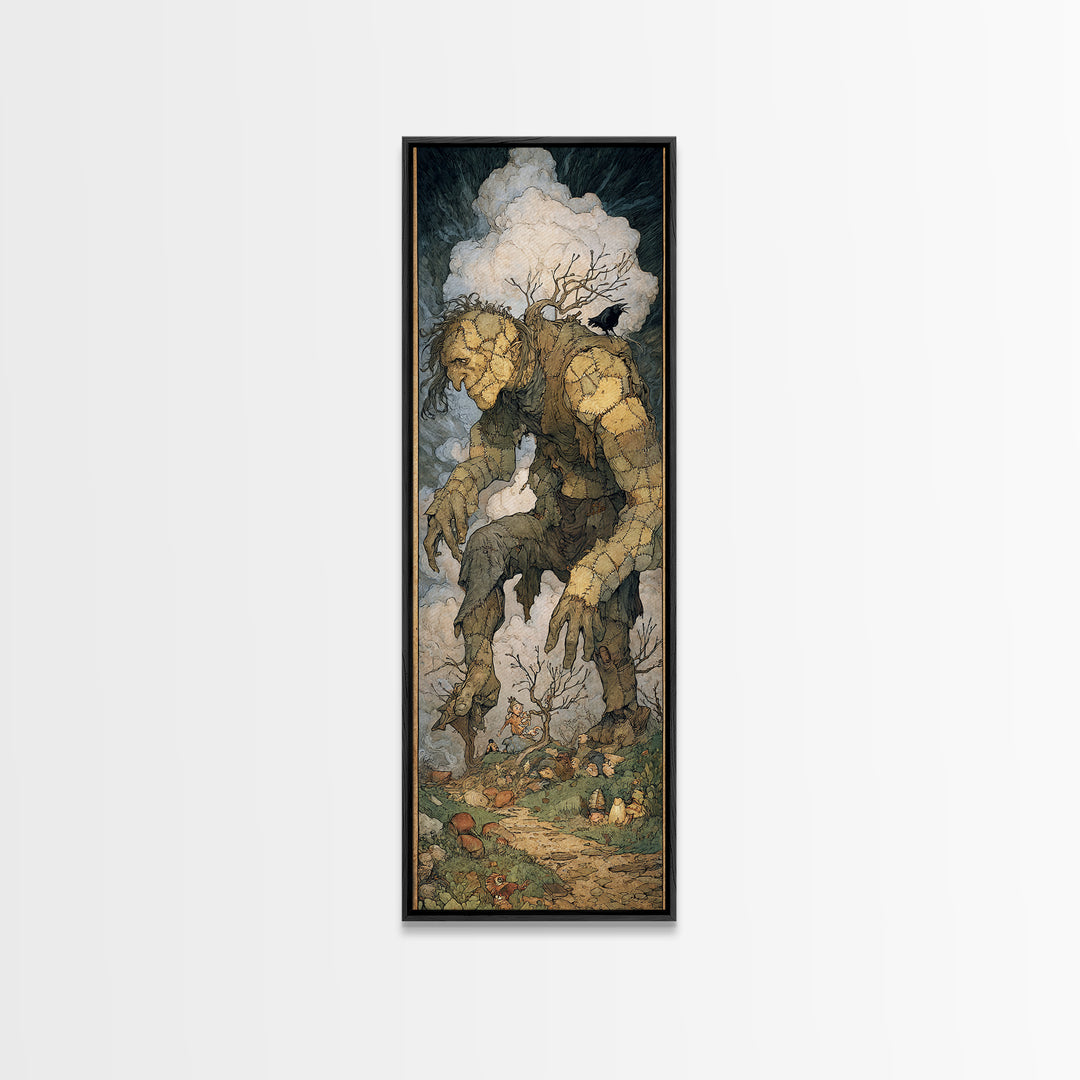 The Stitched Giant, Gothic Storybook Art, Tall Narrow Wall Art, Dark Halloween Decor, Canvas Print, Halloween Wall Art