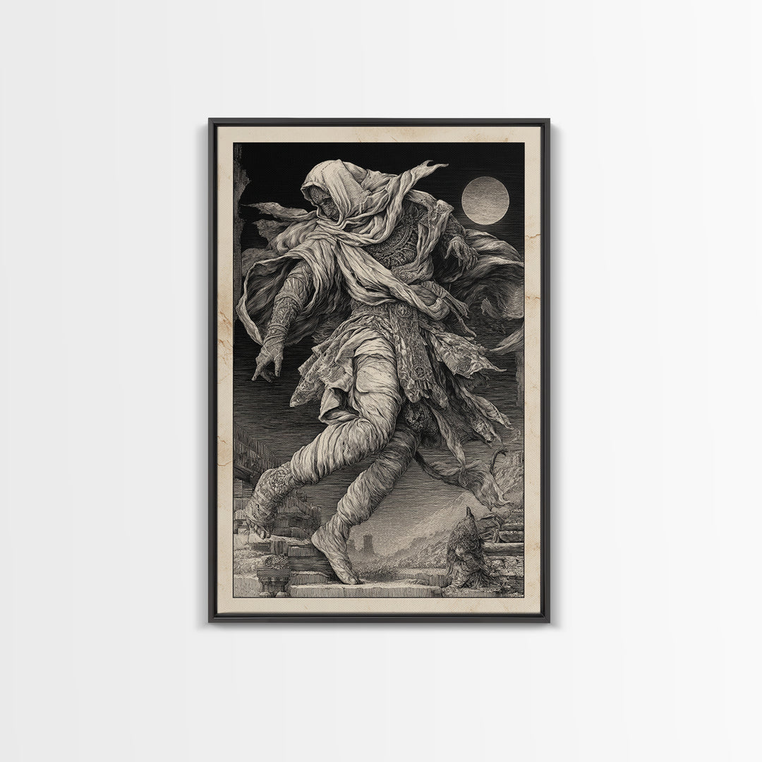 The Mummy Pharaoh, Renaissance Engraving Art, Vertical Wall Art, Dark Fantasy Wall Art, Framed Canvas Print, Halloween Wall Art