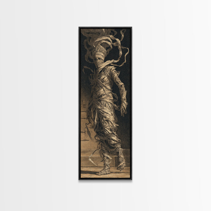 The Mummy Pharaoh, Architectural Etching Art, Tall Narrow Wall Art, Gothic Horror Wall Art, Canvas Print, Halloween Wall Art
