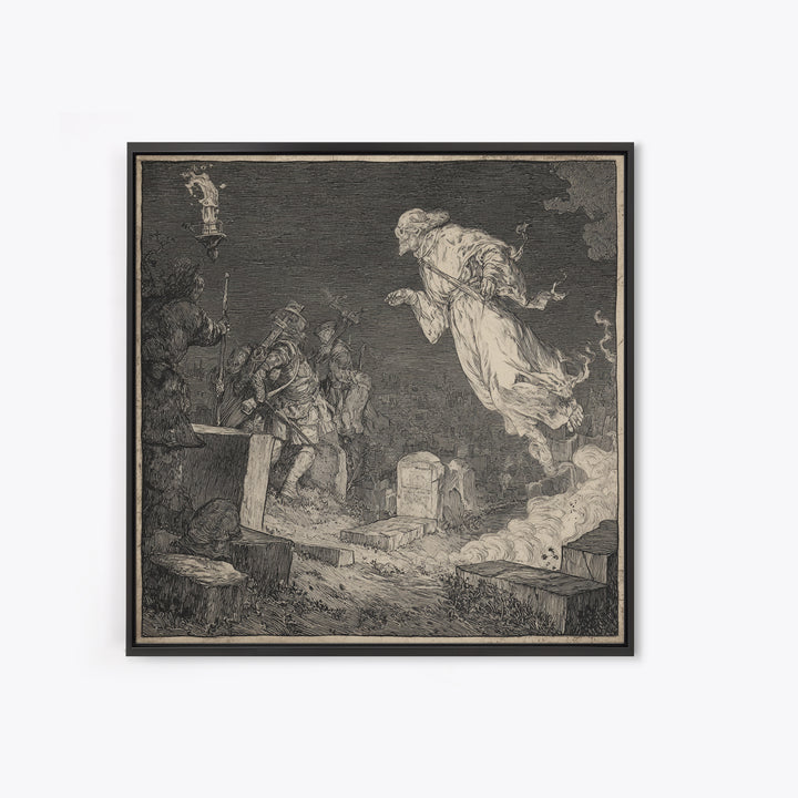 The Graveyard Ghost, Renaissance Engraving Art, Square Wall Art, Gothic Horror Wall Art, Canvas Print, Halloween Wall Art