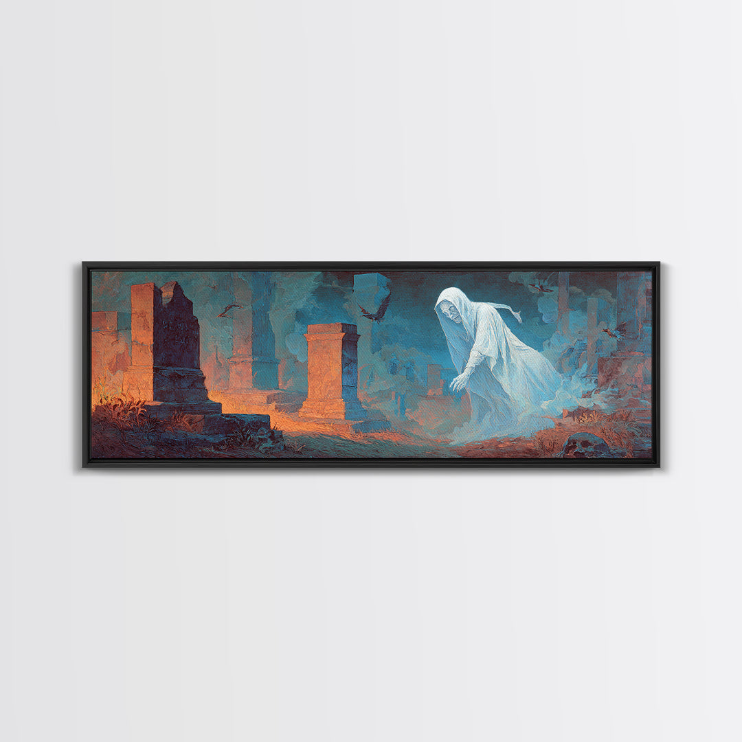 The Graveyard Ghost, Apocalyptic Romantic Art, Extra Wide Wall Art, Dark Halloween Decor, Canvas Print, Halloween Wall Art, Dark Fantasy Art