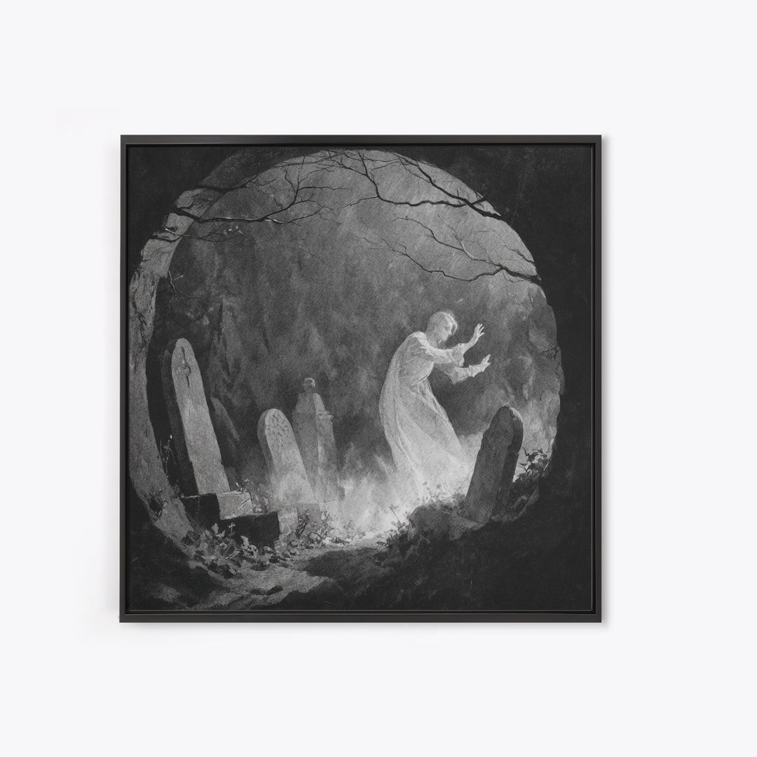 The Graveyard Ghost, Symbolist Dream Art, Square Wall Art, Dark Halloween Decor, Framed Canvas Print, Halloween Wall Art