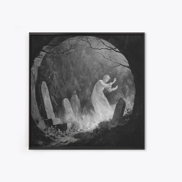 The Graveyard Ghost, Symbolist Dream Art, Square Wall Art, Dark Halloween Decor, Framed Canvas Print, Halloween Wall Art