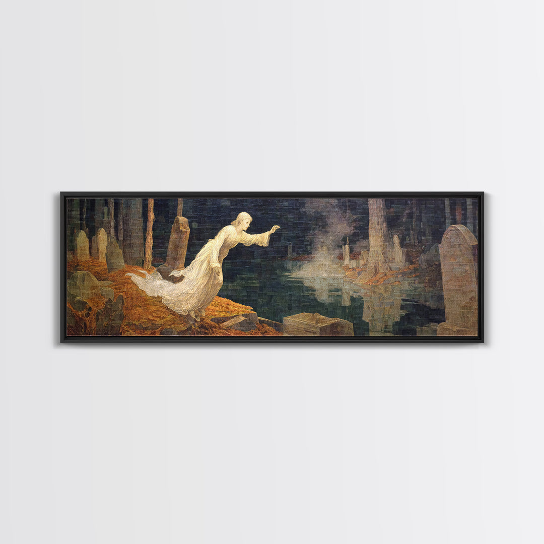 The Graveyard Ghost, Symbolist Gothic Landscape, Extra Wide Wall Art, Dark Fantasy Wall Art, Framed Canvas Print, Halloween Wall Art
