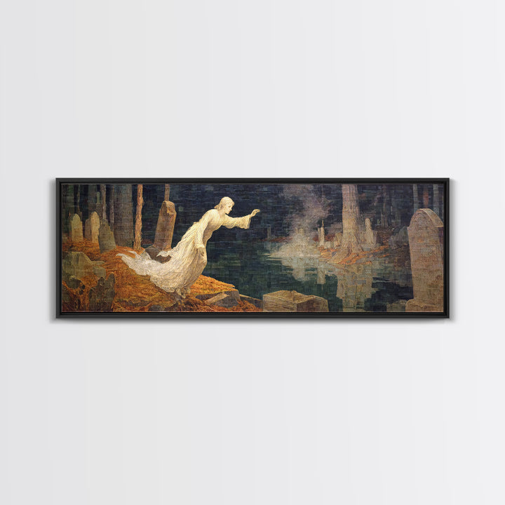 The Graveyard Ghost, Symbolist Gothic Landscape, Extra Wide Wall Art, Dark Fantasy Wall Art, Framed Canvas Print, Halloween Wall Art