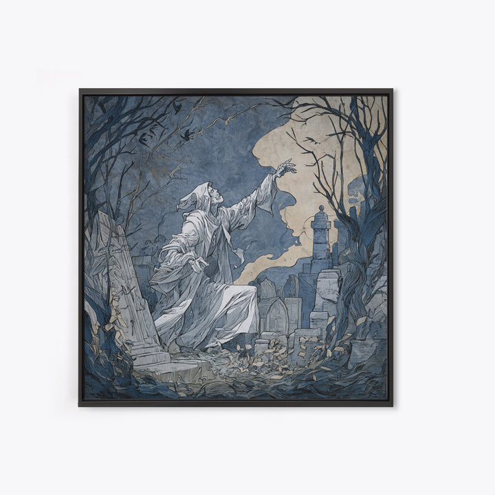 The Graveyard Ghost, Symbolist Etching Art, Square Wall Art, Macabre Wall Art, Framed Canvas Print, Halloween Wall Art, Gothic Home Decor