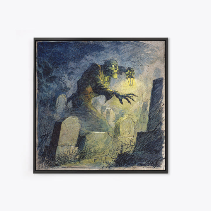 The Graveyard Ghost, Expressionist Nightmare Art, Square Wall Art, Dark Halloween Decor, Framed Canvas Print, Halloween Wall Art