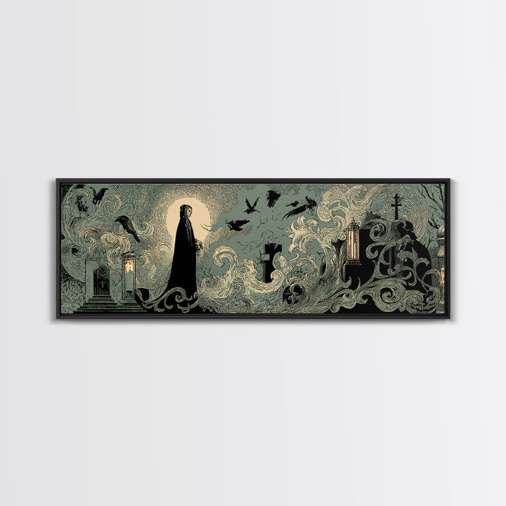 The Graveyard Ghost, Decadent Line Art, Extra Wide Wall Art, Dark Fantasy Wall Art, Framed Canvas Print, Halloween Wall Art