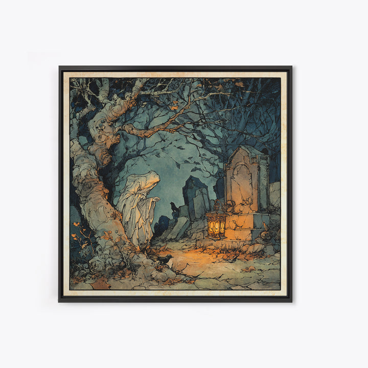 The Graveyard Ghost, Gothic Storybook Art, Square Wall Art, Dark Fantasy Wall Art, Canvas Print, Halloween Wall Art