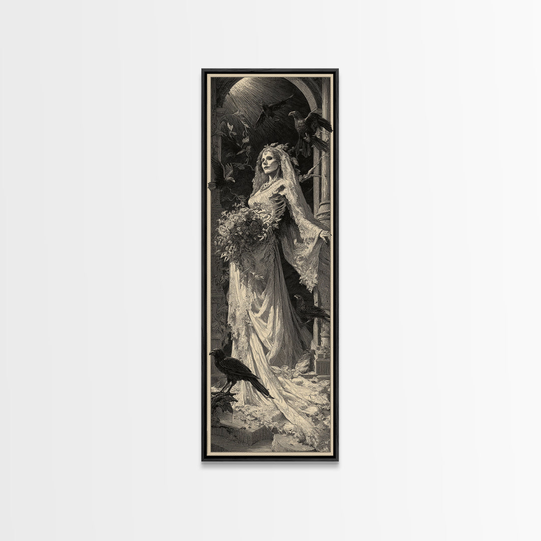 The Skeletal Bride, Gothic Engraving Art, Tall Narrow Wall Art, Gothic Horror Wall Art, Canvas Print, Halloween Wall Art