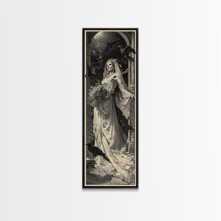 The Skeletal Bride, Gothic Engraving Art, Tall Narrow Wall Art, Gothic Horror Wall Art, Canvas Print, Halloween Wall Art