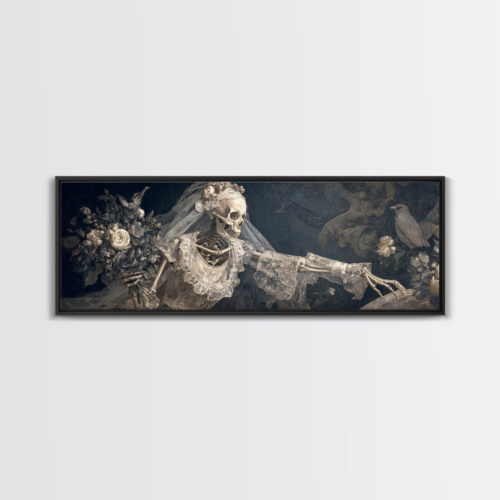 The Skeletal Bride, Medieval Grotesque Art, Extra Wide Wall Art, Dark Fantasy Wall Art, Framed Canvas Print, Halloween Wall Art