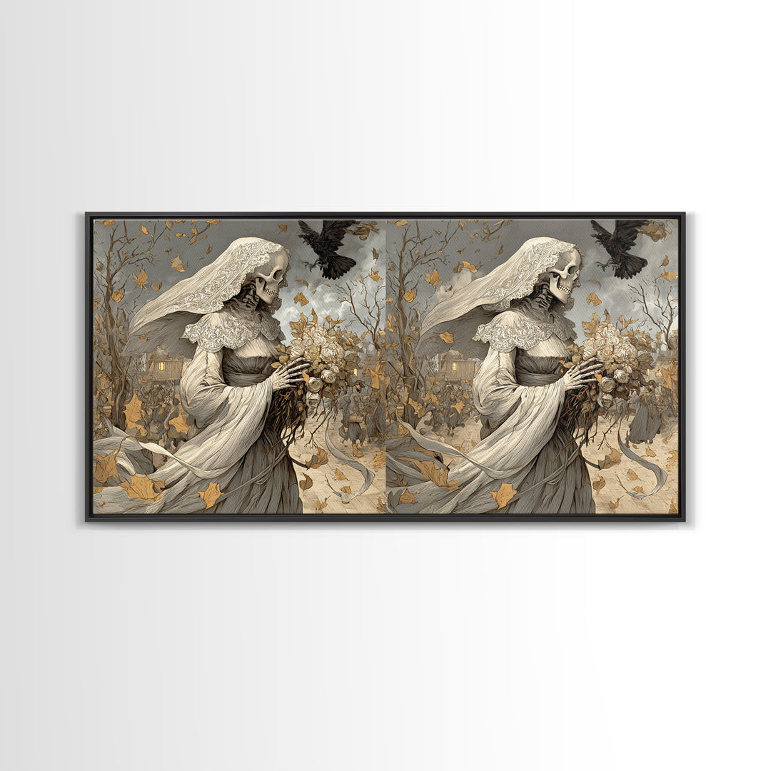 The Skeletal Bride, Northern Renaissance Horror, Wide Panoramic Art, Dark Fantasy Wall Art, Canvas Print, Halloween Wall Art