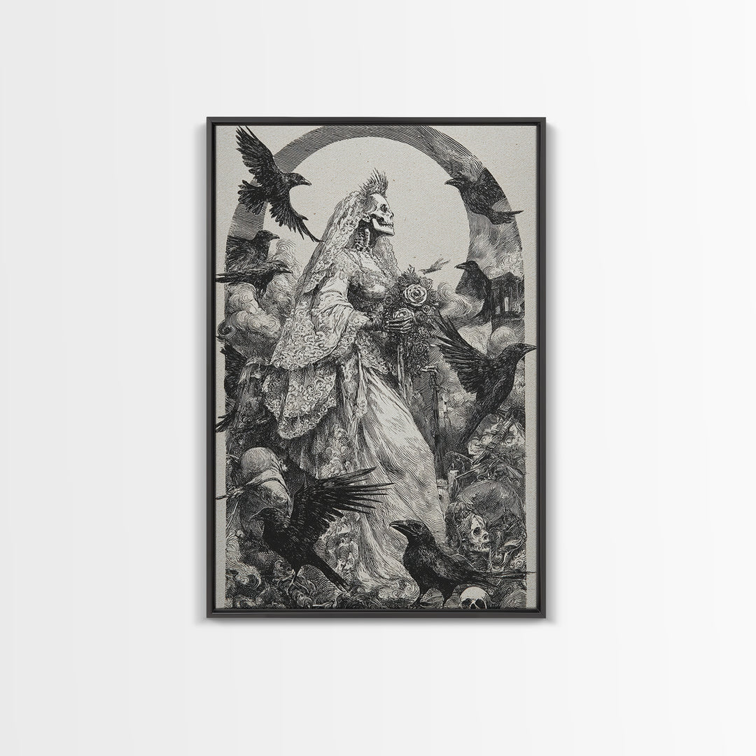 The Skeletal Bride, Renaissance Engraving Art, Vertical Wall Art, Macabre Wall Art, Framed Canvas Print, Halloween Wall Art