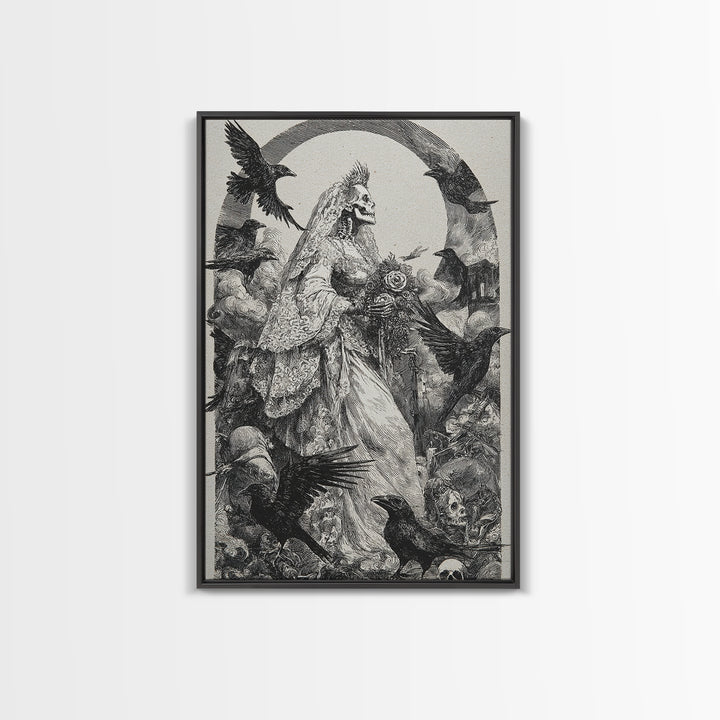 The Skeletal Bride, Renaissance Engraving Art, Vertical Wall Art, Macabre Wall Art, Framed Canvas Print, Halloween Wall Art
