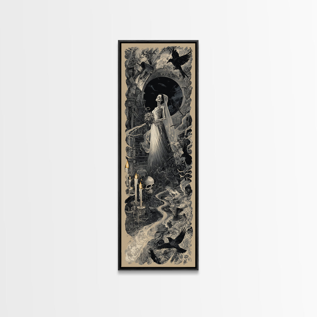 The Skeletal Bride, Architectural Etching Art, Tall Narrow Wall Art, Dark Halloween Decor, Framed Canvas Print