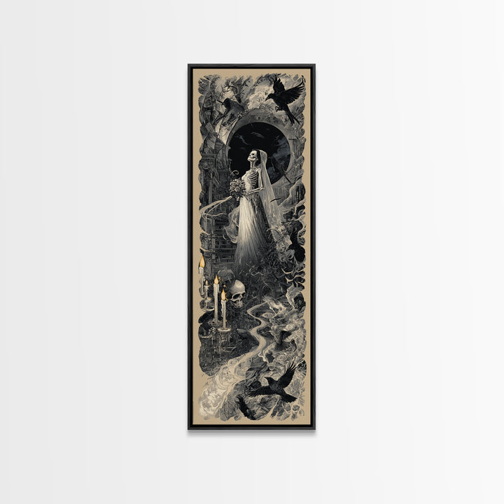 The Skeletal Bride, Architectural Etching Art, Tall Narrow Wall Art, Dark Halloween Decor, Framed Canvas Print