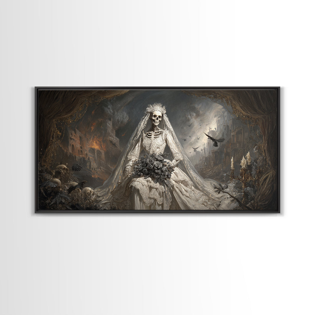 The Skeletal Bride, Apocalyptic Romantic Art, Wide Panoramic Art, Gothic Horror Wall Art, Canvas Print, Halloween Wall Art