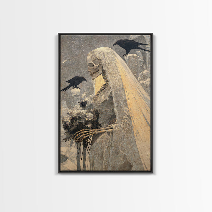 The Skeletal Bride, Symbolist Death Art, Vertical Wall Art, Macabre Wall Art, Framed Canvas Print, Halloween Wall Art