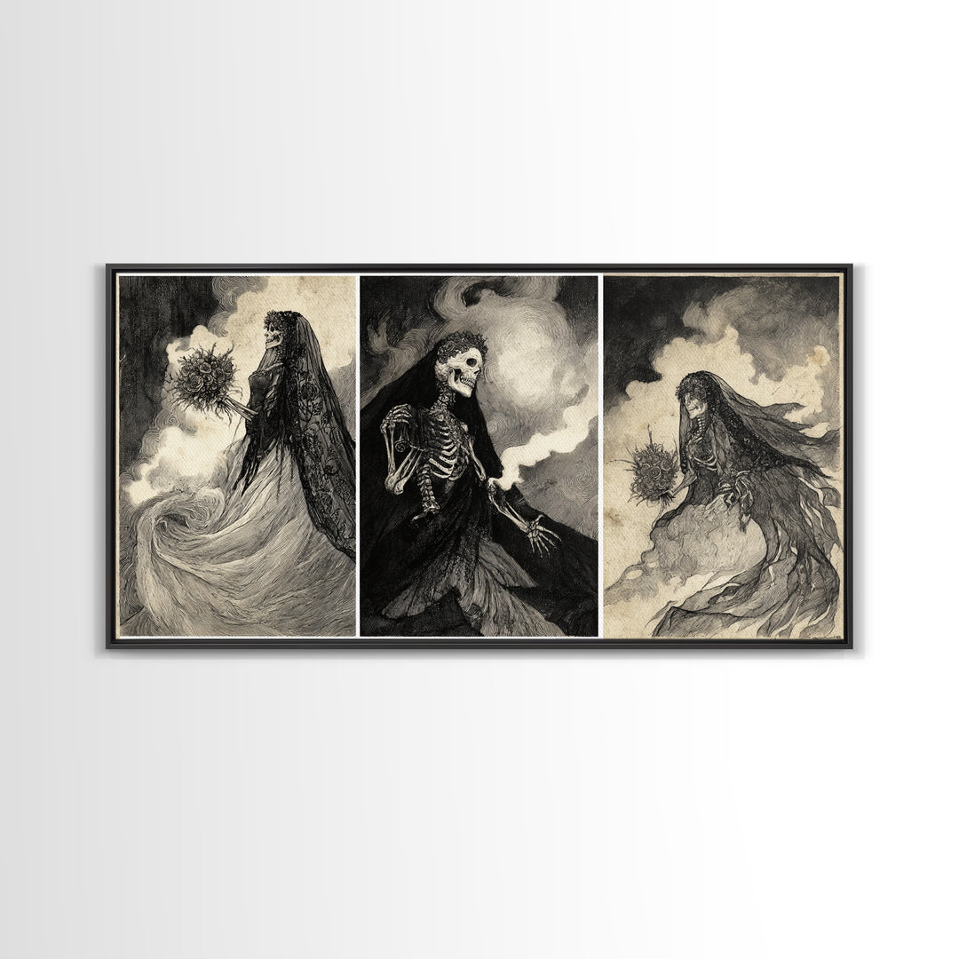 The Skeletal Bride, Expressionist Nightmare Art, Wide Panoramic Art, Dark Fantasy Wall Art, Framed Canvas Print, Halloween Wall Art