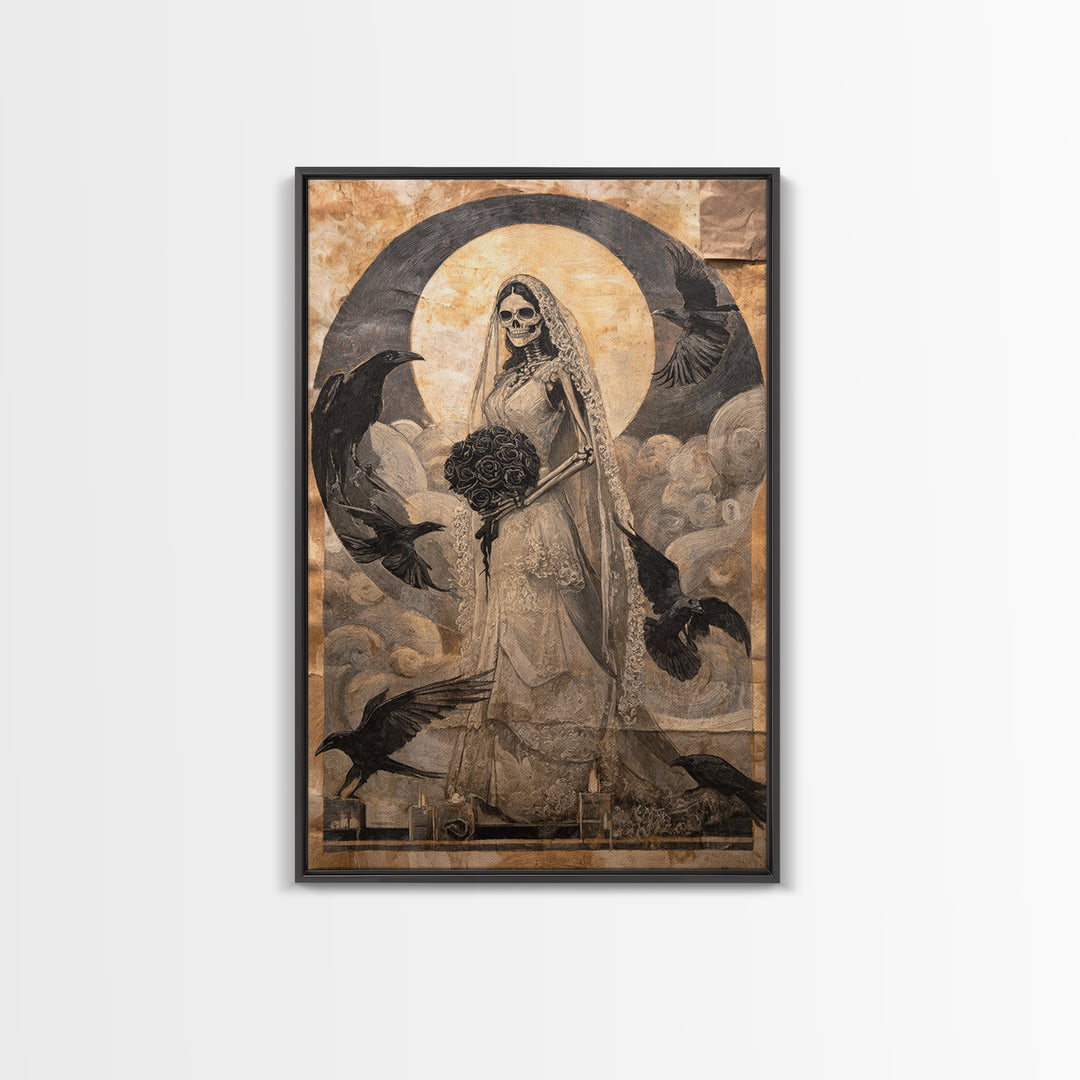 The Skeletal Bride, Expressionist Gothic Art, Vertical Wall Art, Gothic Horror Wall Art, Framed Canvas Print, Halloween Wall Art