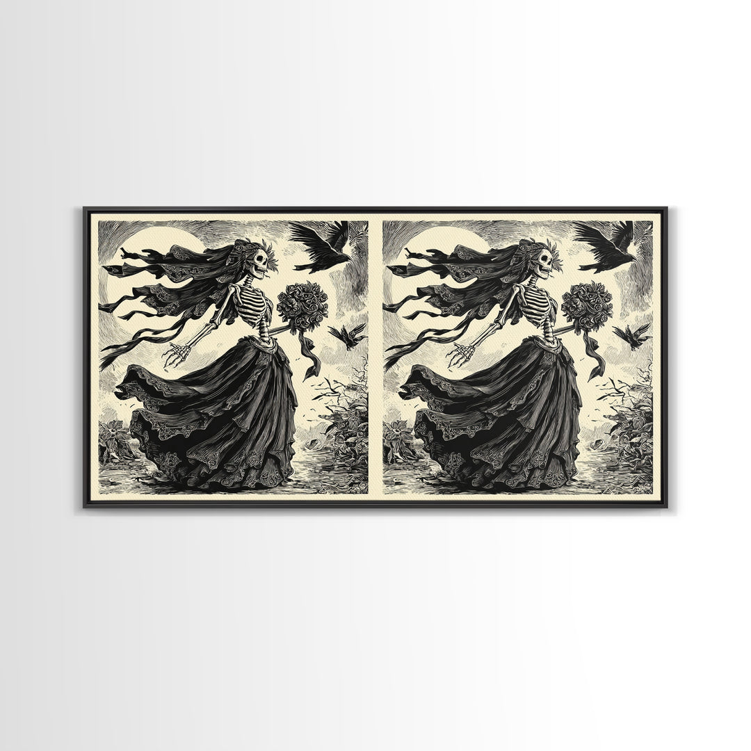 The Skeletal Bride, Macabre Folk Print Art, Wide Panoramic Art, Dark Halloween Decor, Framed Canvas Print, Halloween Wall Art