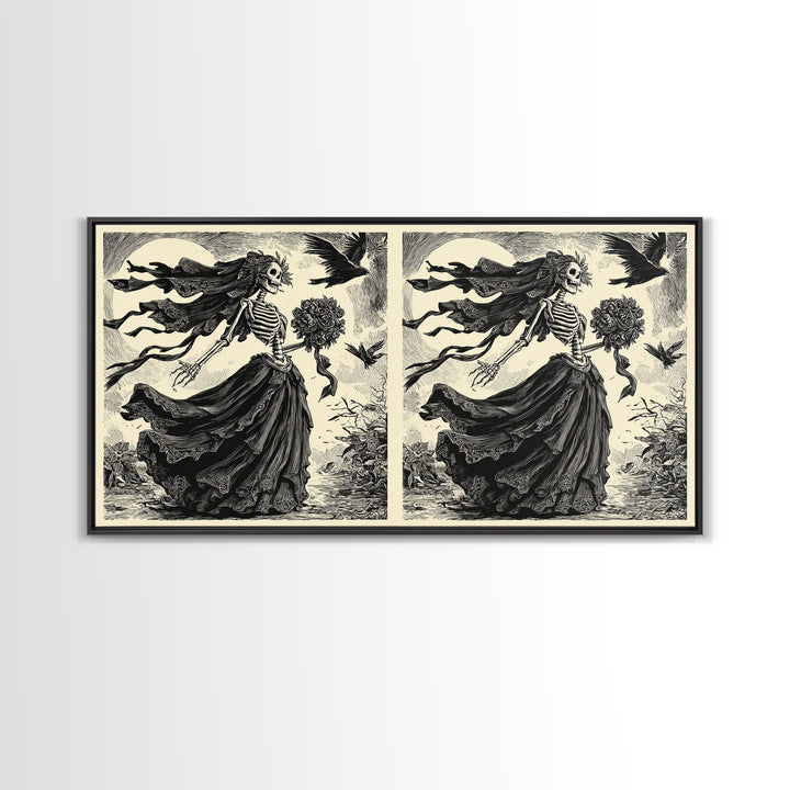 The Skeletal Bride, Macabre Folk Print Art, Wide Panoramic Art, Dark Halloween Decor, Framed Canvas Print, Halloween Wall Art
