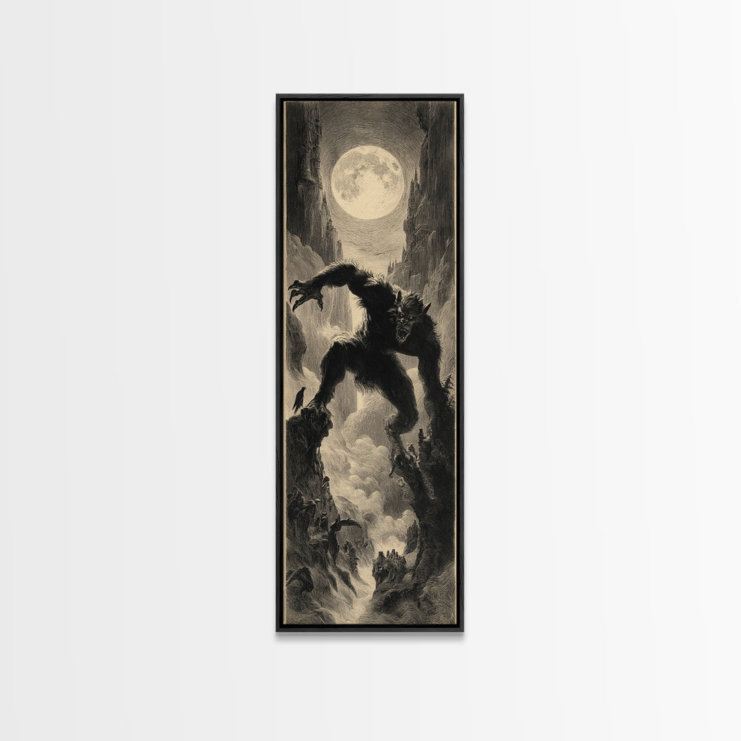 The Moon-Cursed Werewolf, Gothic Engraving Art, Tall Narrow Wall Art, Macabre Wall Art, Framed Canvas Print, Halloween Wall Art