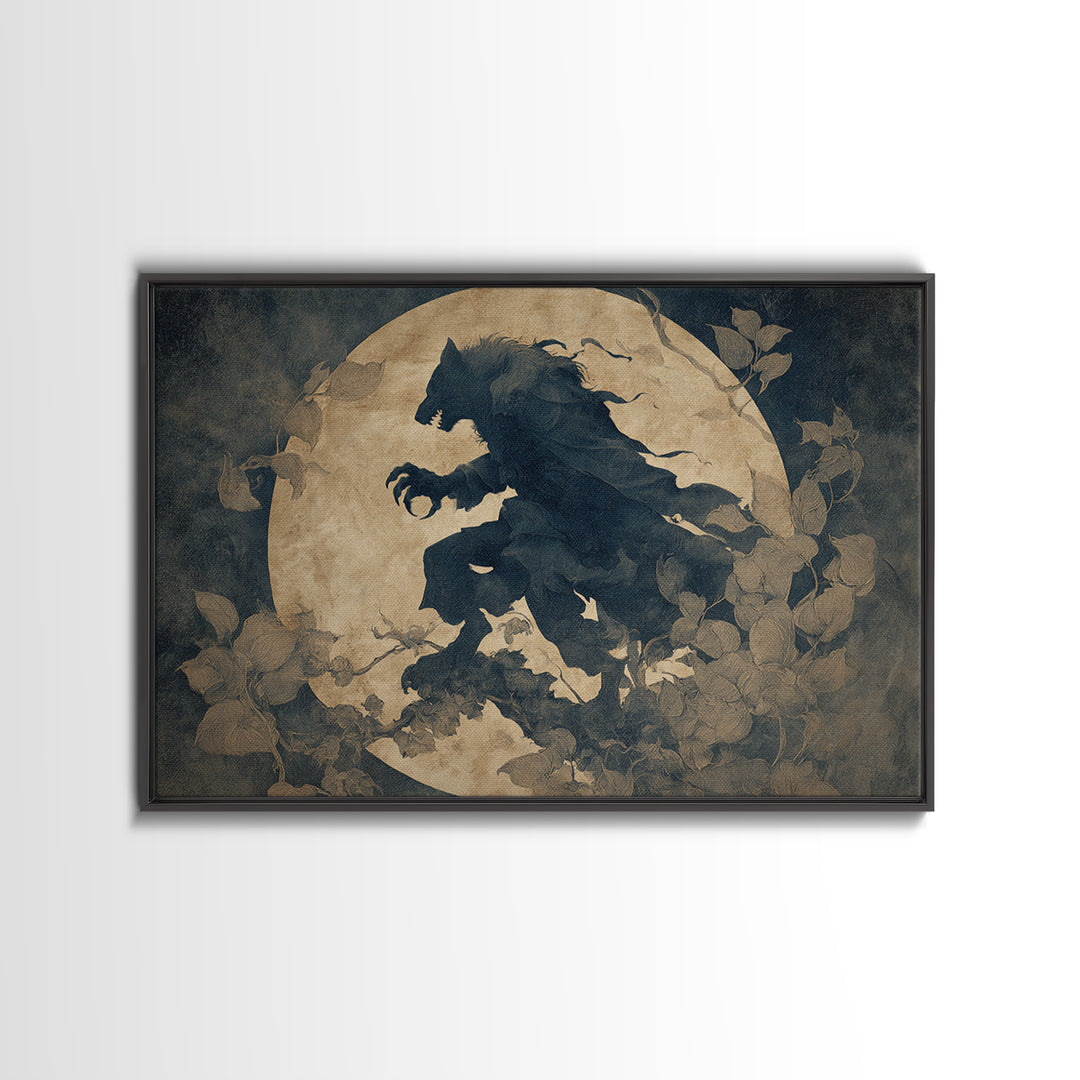 The Moon-Cursed Werewolf, Medieval Grotesque Art, Landscape Wall Art, Macabre Wall Art, Framed Canvas Print, Halloween Wall Art