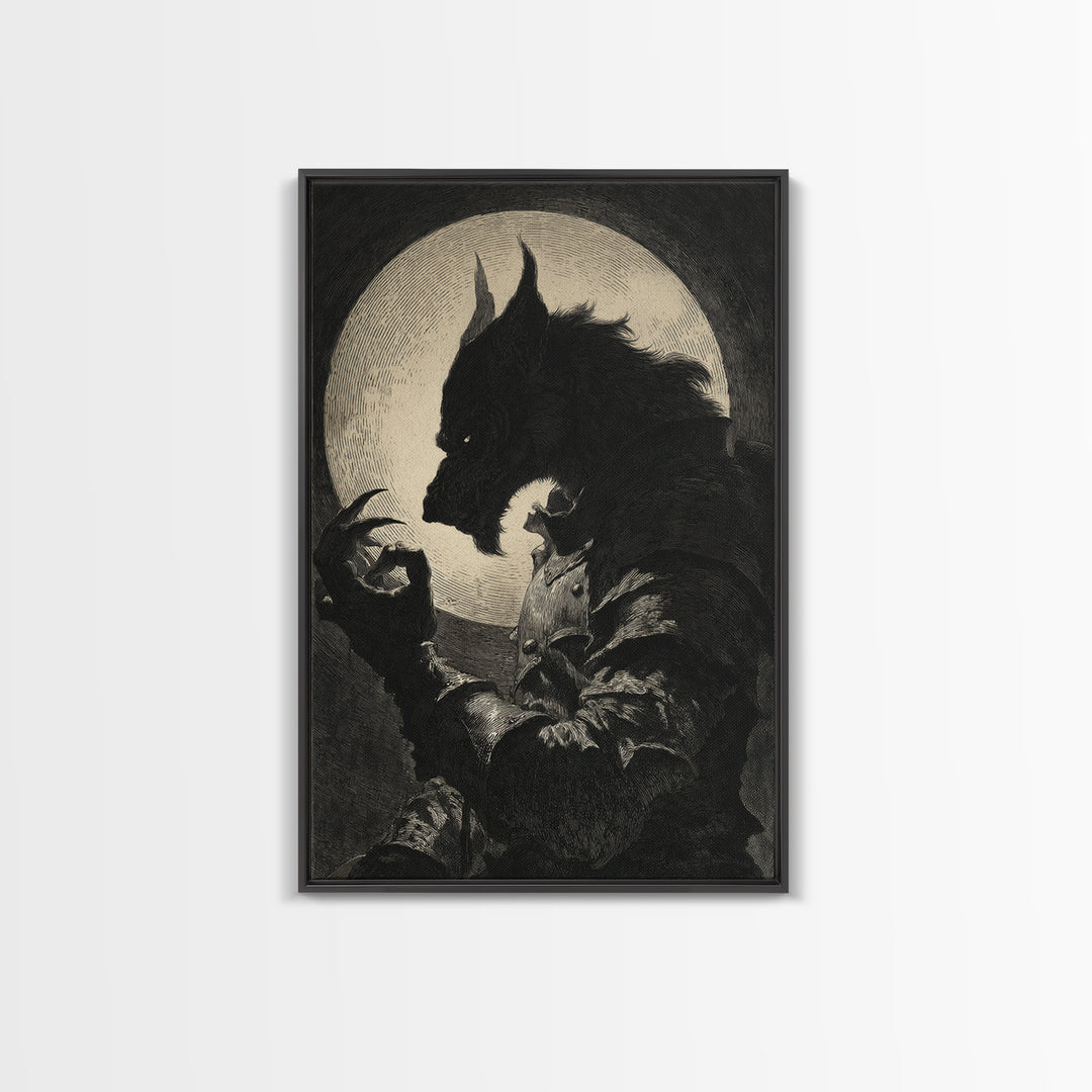 The Moon-Cursed Werewolf, Renaissance Engraving Art, Vertical Wall Art, Macabre Wall Art, Framed Canvas Print, Halloween Wall Art