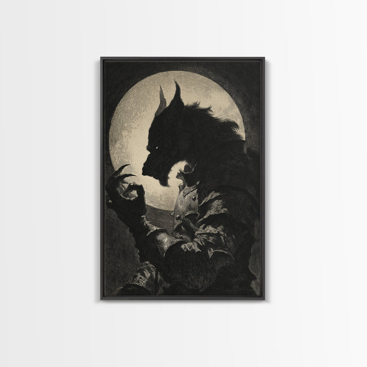 The Moon-Cursed Werewolf, Renaissance Engraving Art, Vertical Wall Art, Macabre Wall Art, Framed Canvas Print, Halloween Wall Art
