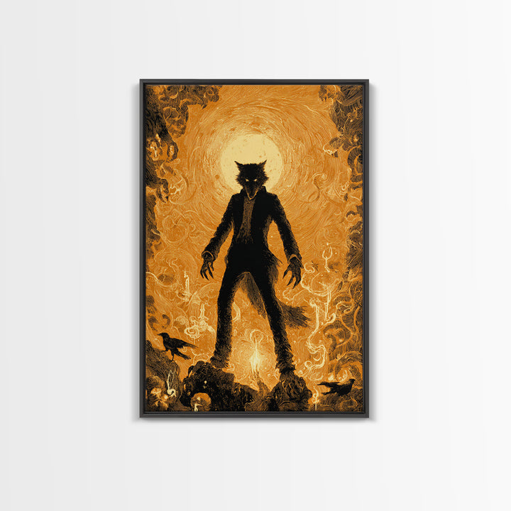 The Moon-Cursed Werewolf, Visionary Gothic Art, Vertical Wall Art, Dark Halloween Decor, Framed Canvas Print, Halloween Wall Art