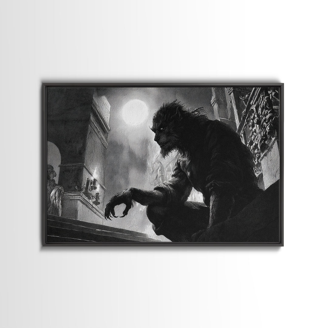 The Moon-Cursed Werewolf, Architectural Etching Art, Landscape Wall Art, Gothic Horror Wall Art, Framed Canvas Print