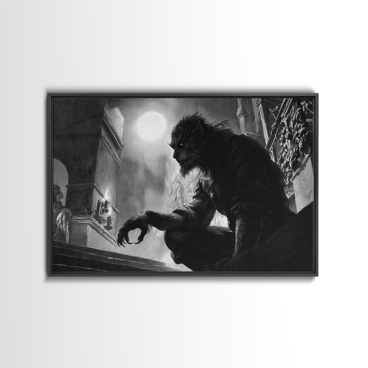 The Moon-Cursed Werewolf, Architectural Etching Art, Landscape Wall Art, Gothic Horror Wall Art, Framed Canvas Print