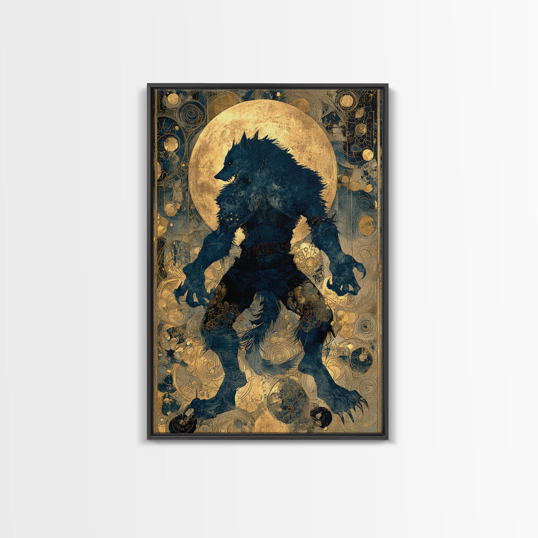 The Moon-Cursed Werewolf, Ornate Symbolist Art, Vertical Wall Art, Macabre Wall Art, Framed Canvas Print, Halloween Wall Art