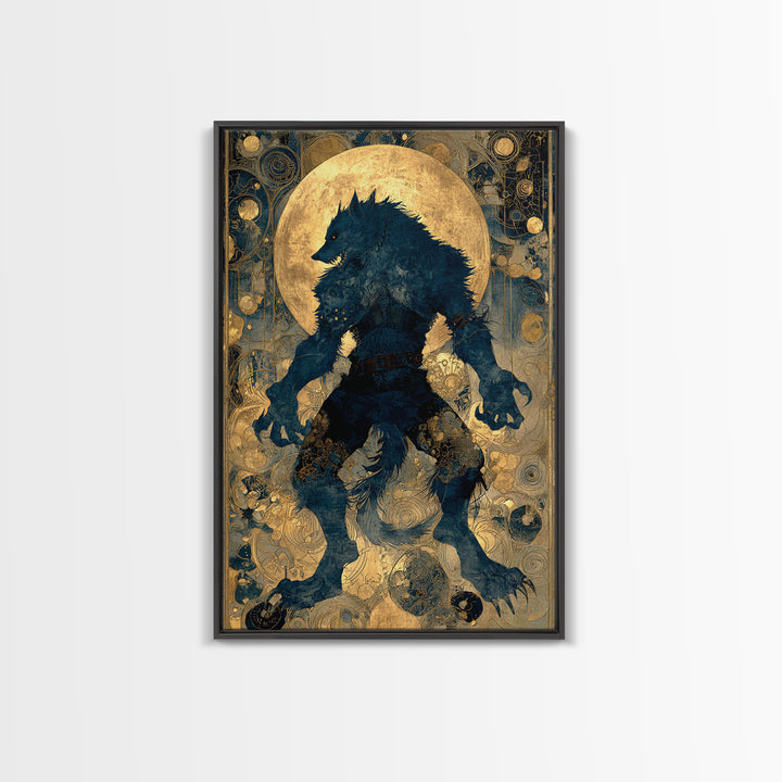 The Moon-Cursed Werewolf, Ornate Symbolist Art, Vertical Wall Art, Macabre Wall Art, Framed Canvas Print, Halloween Wall Art
