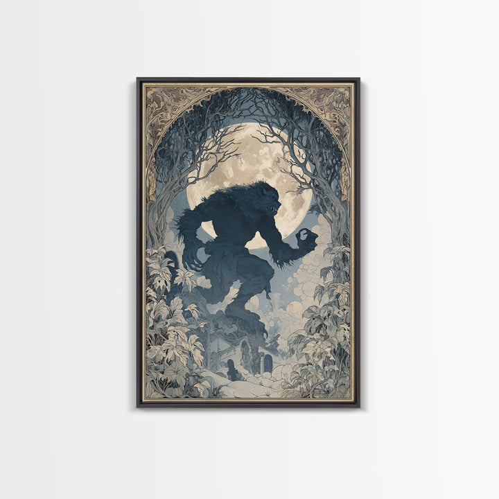 The Moon-Cursed Werewolf, Symbolist Death Art, Vertical Wall Art, Macabre Wall Art, Framed Canvas Print, Halloween Wall Art
