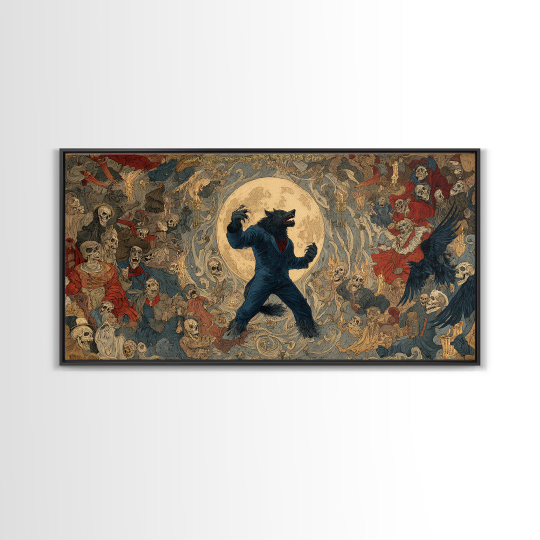 The Moon-Cursed Werewolf, Grotesque Carnival Art, Wide Panoramic Art, Dark Fantasy Wall Art, Canvas Print, Halloween Wall Art