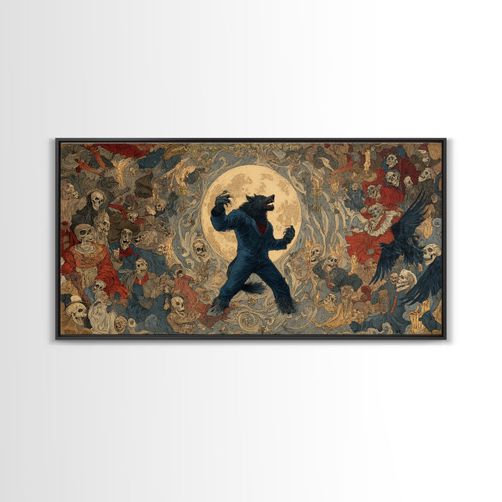 The Moon-Cursed Werewolf, Grotesque Carnival Art, Wide Panoramic Art, Dark Fantasy Wall Art, Canvas Print, Halloween Wall Art