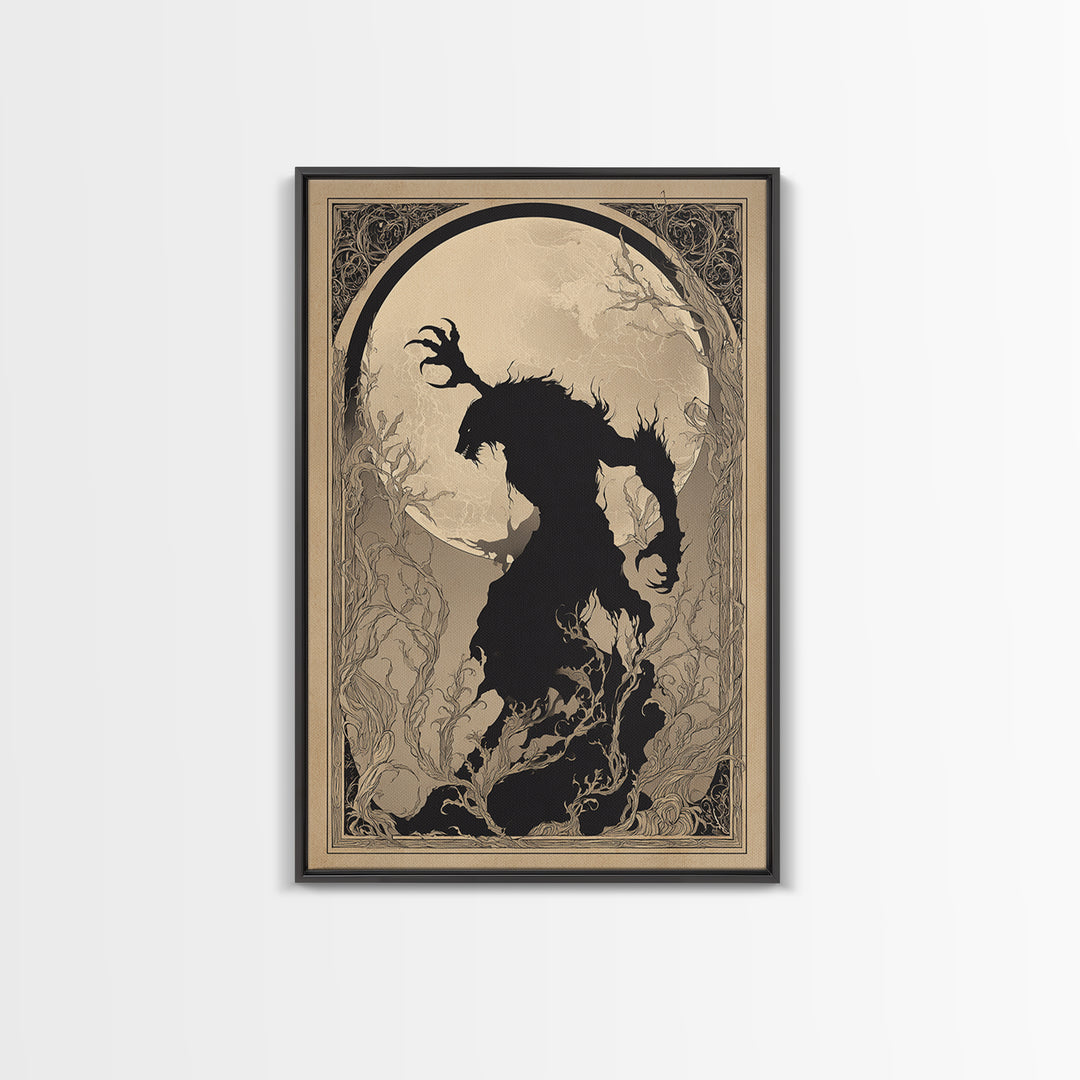 The Moon-Cursed Werewolf, Decadent Line Art, Vertical Wall Art, Dark Fantasy Wall Art, Framed Canvas Print, Halloween Wall Art