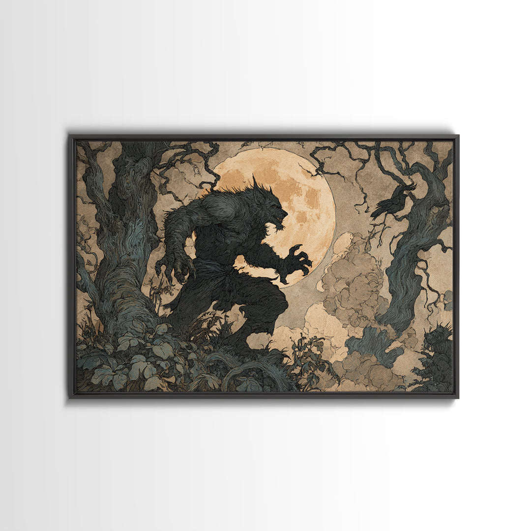 The Moon-Cursed Werewolf, Gothic Storybook Art, Landscape Wall Art, Dark Halloween Decor, Canvas Print, Halloween Wall Art