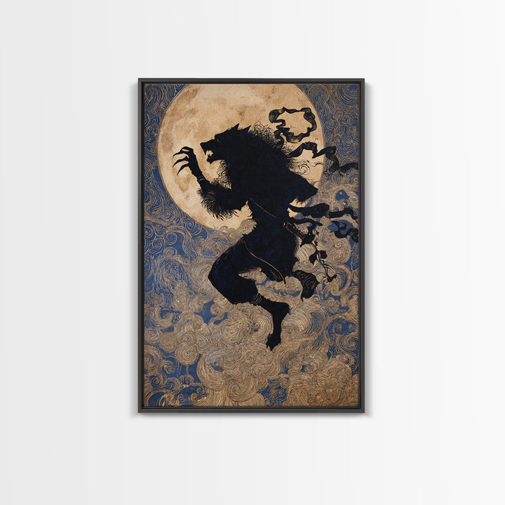 The Moon-Cursed Werewolf, Stained Glass Gothic Art, Vertical Wall Art, Dark Fantasy Wall Art, Framed Canvas Print, Halloween Wall Art