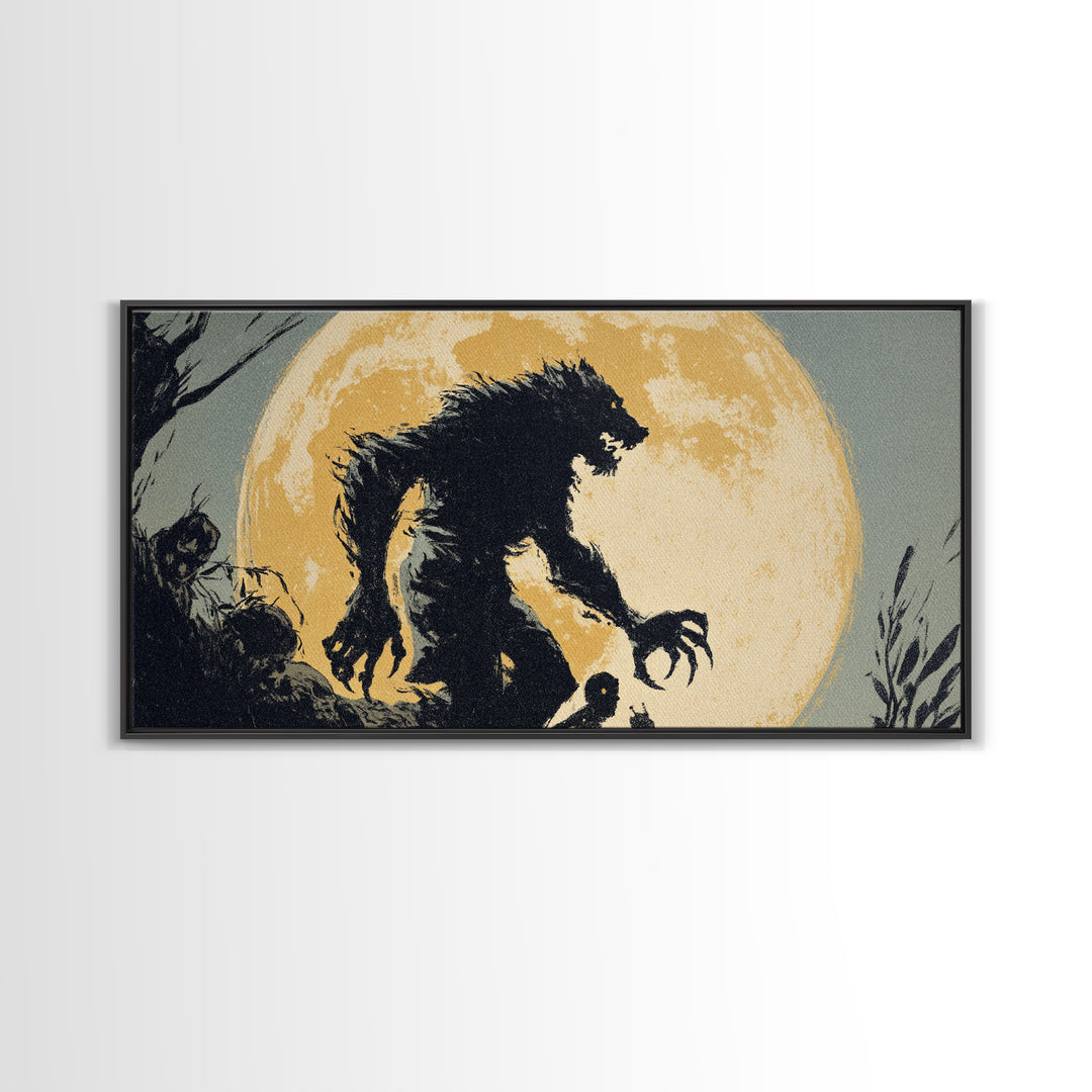 The Moon-Cursed Werewolf, Macabre Folk Print Art, Wide Panoramic Art, Dark Fantasy Wall Art, Framed Canvas Print