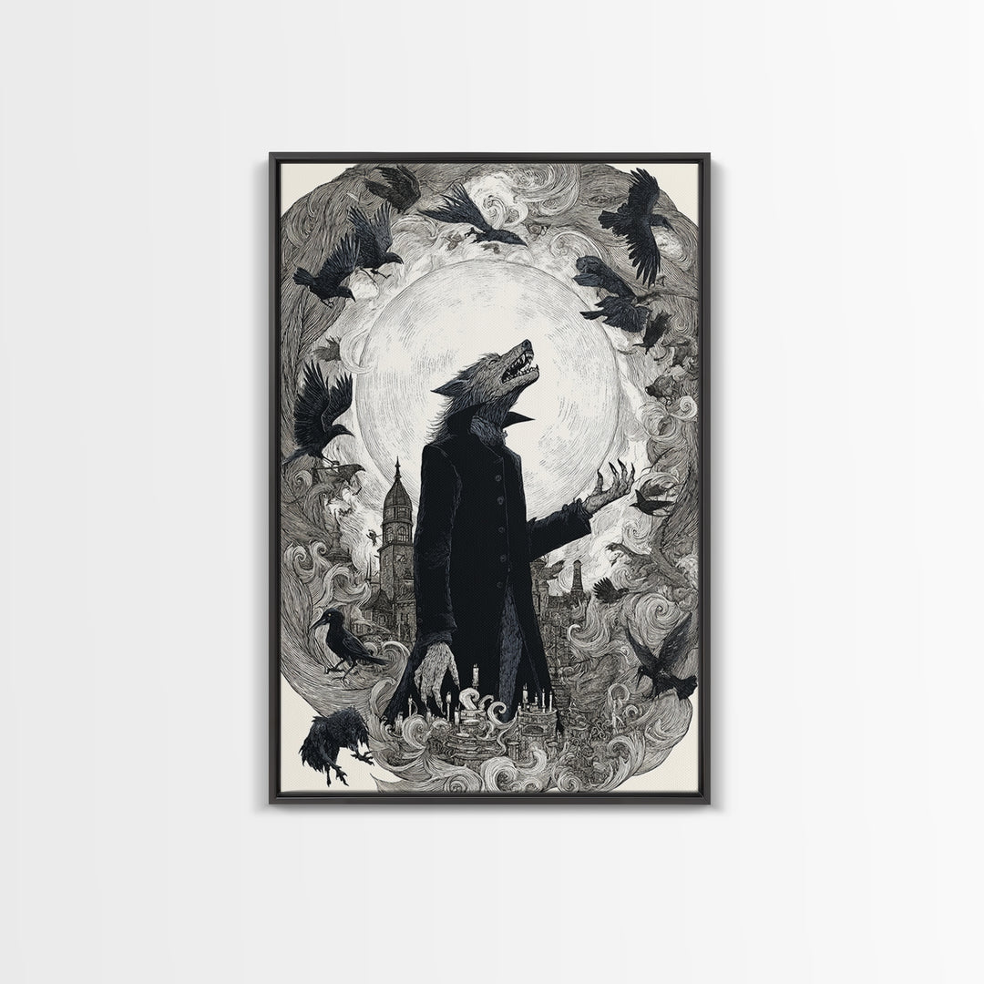 The Moon-Cursed Werewolf, Victorian Macabre Art, Vertical Wall Art, Gothic Horror Wall Art, Framed Canvas Print, Halloween Wall Art