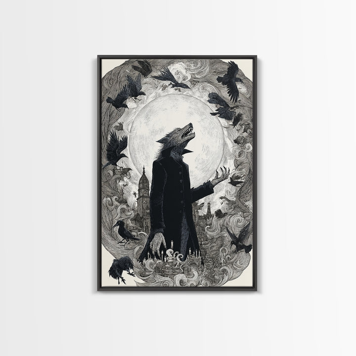 The Moon-Cursed Werewolf, Victorian Macabre Art, Vertical Wall Art, Gothic Horror Wall Art, Framed Canvas Print, Halloween Wall Art