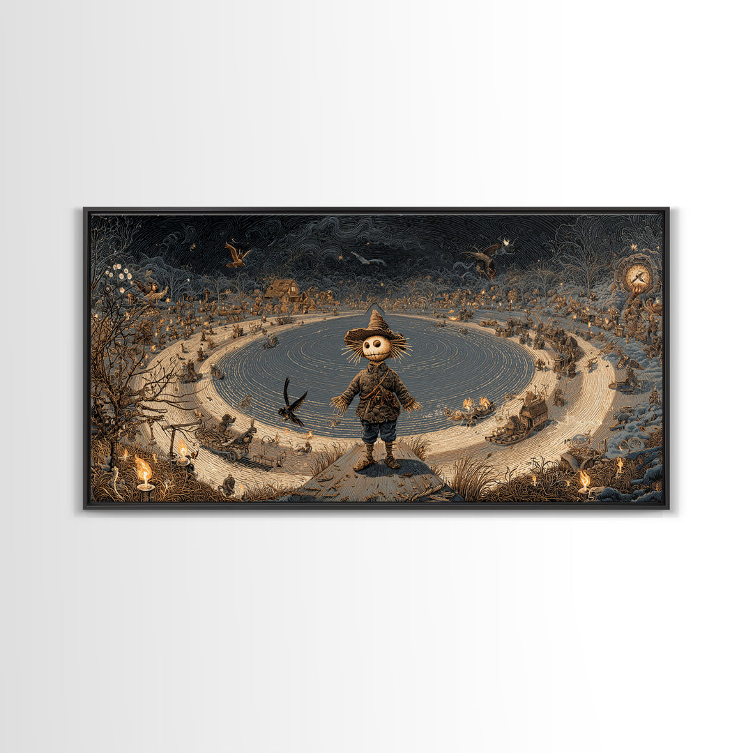 The Living Scarecrow, Northern Renaissance Horror, Wide Panoramic Art, Dark Fantasy Wall Art, Framed Canvas Print