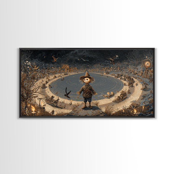 The Living Scarecrow, Northern Renaissance Horror, Wide Panoramic Art, Dark Fantasy Wall Art, Framed Canvas Print