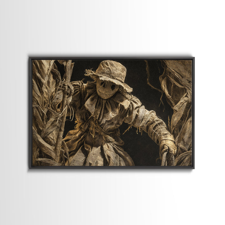 The Living Scarecrow, Architectural Etching Art, Landscape Wall Art, Dark Halloween Decor, Framed Canvas Print