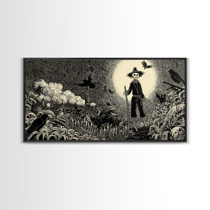 The Living Scarecrow, Macabre Folk Print Art, Wide Panoramic Art, Macabre Wall Art, Canvas Print, Halloween Wall Art