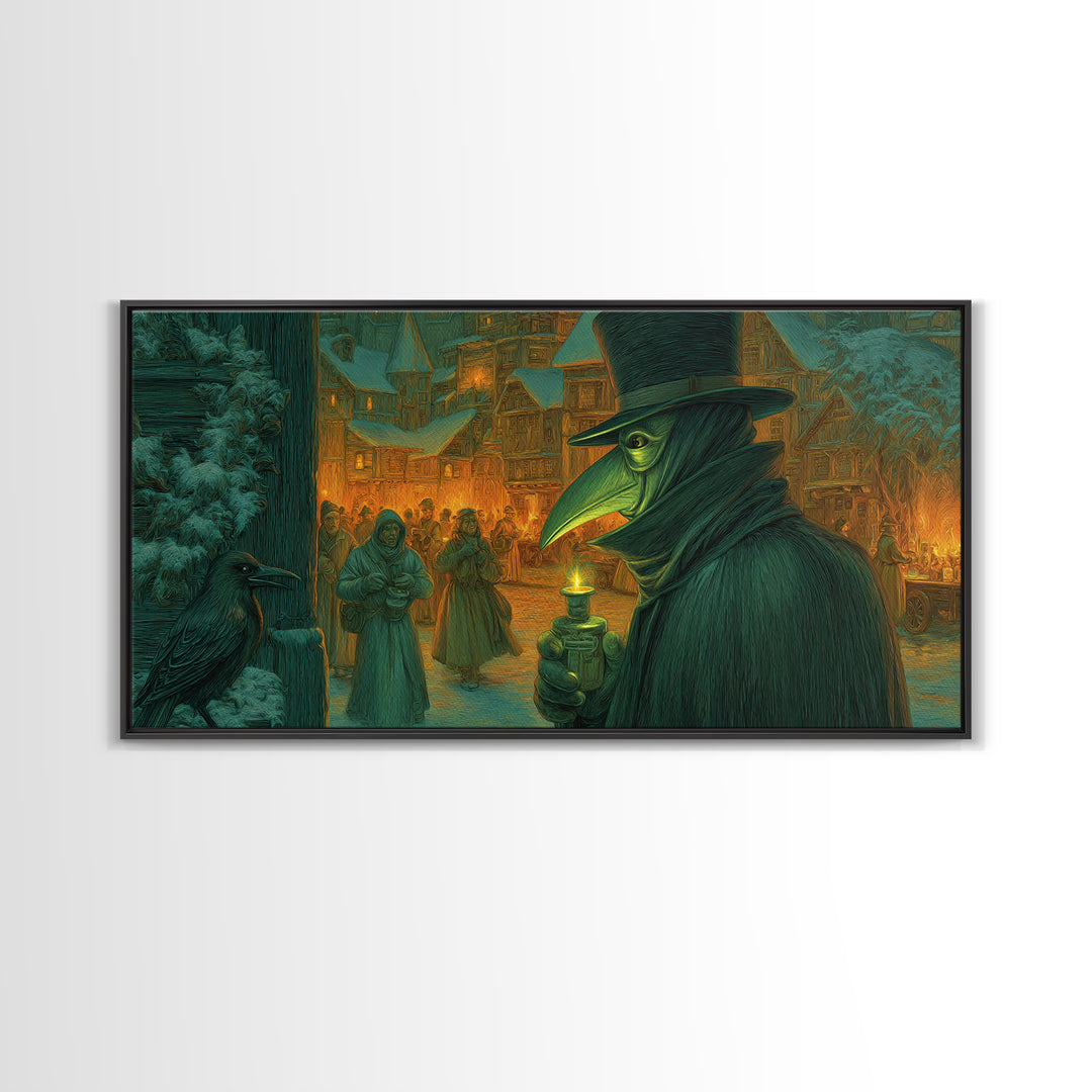 The Plague Doctor, Northern Renaissance Horror, Wide Panoramic Art, Dark Halloween Decor, Canvas Print, Halloween Wall Art